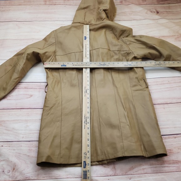 VINTAGE Fitzwright Jacket Womens Large Tan Leather Hooded Faux Fur Parka Coat - Picture 7 of 14